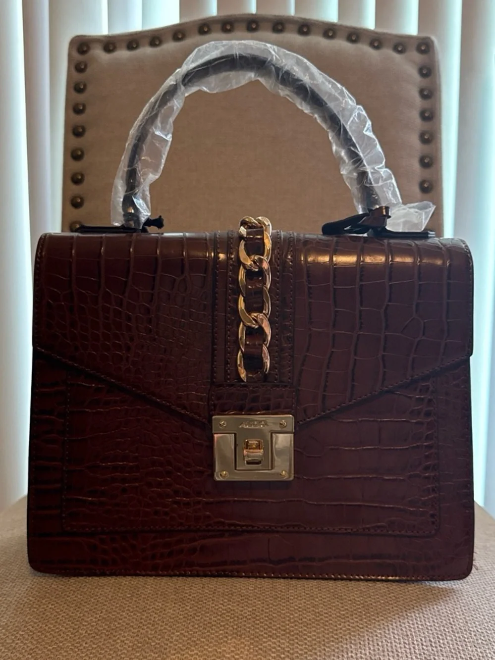 Aldo Brown Croc-Embossed Top-Handle Satchel with Gold Chain